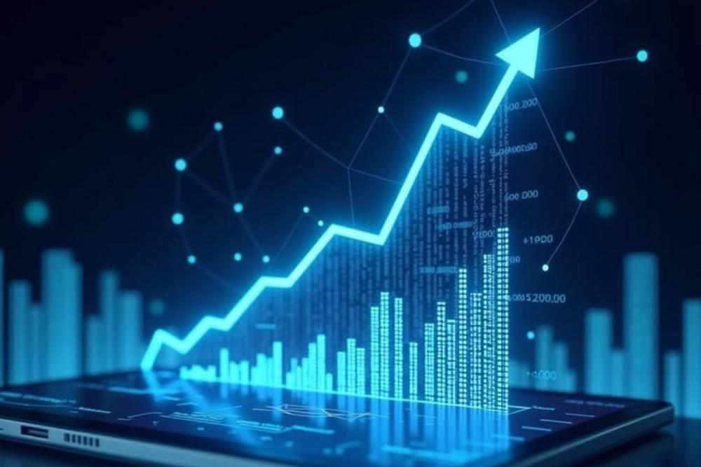 Gráfico de crescimento com seta ascendente em azul neon sobre tablet, representando análise de dados e performance comercial
